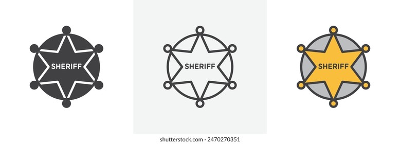 Badge Sheriff vector set. Retro vintage sheriff star graphic. Western cowboy officer 6 point badge icon.