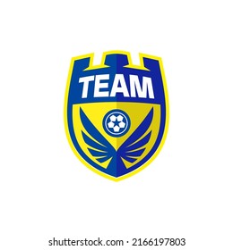 badge shield logo team football soccer with blue wings on yellow background. sports club icon.
