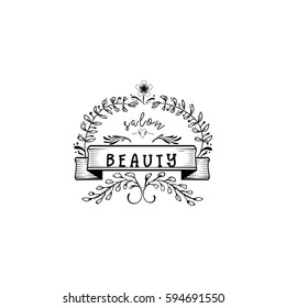 Badge for small businesses - Beauty Salon. Sticker, stamp, logo - for design, hands made. With the use of floral elements, calligraphy and lettering