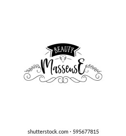 Badge for small businesses - Beauty Salon Masseuse. Sticker, stamp, logo - for design, hands made. With the use of floral elements, calligraphy and lettering