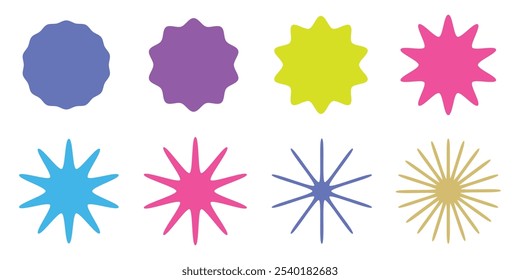 Badge star, colorful sticker starburst shape, circle and oval label, round discount icon isolated on white background. Color vintage banner