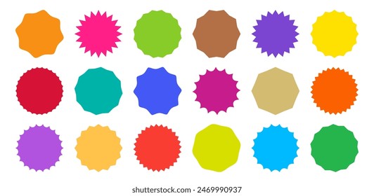 Badge star icon, sticker star burst shape, sale round set, price circle, sun label, colorful tag isolated on white background. Award and medal, achievement collection. Retro simple vector illustration