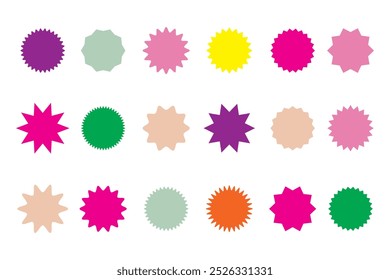 Icône étoile de badge, autocollant étoile forme éclatée, ensemble rond de vente, cercle de prix, étiquette soleil, étiquette colorée isolée sur fond blanc. Prix et médaille, collection des réalisations. Illustration vectorielle rétro simple