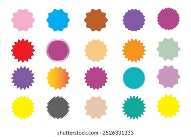 Badge star icon, sticker star burst shape, sale round set, price circle, sun label, colorful tag isolated on white background. Award and medal, achievement collection. Retro simple vector illustration