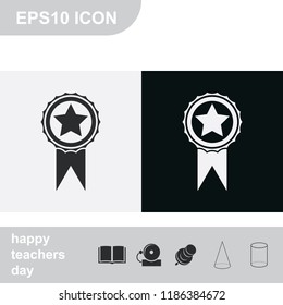 Badge with star and ribbon flat black and white vector icon.