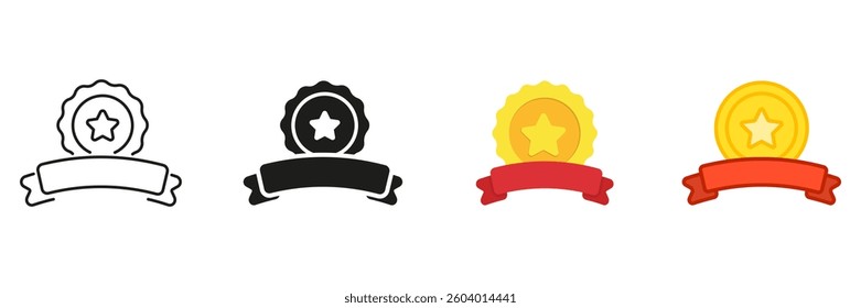 Badge With Star And Ribbon Line And Solid Icon Set. Award Emblem Symbol Collection. Isolated Vector Illustration.