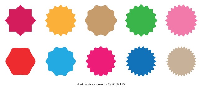 Badge star, sale price tag, colorful sun, circle and oval label, round discount icon. Oval, Circle Stickers Set. Vector Jagged Geometric Shapes. Vector eps 10