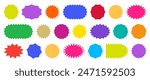 Badge star, sticker starburst shape, sale price tag, colorful sun, circle and oval label, round discount icon isolated on white background. Color vintage banner set. Vector illustration