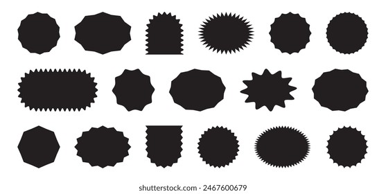 Badge star, sticker starburst shape, sale price tag, sun circle and oval label, black round discount icon isolated on white background. Black vintage banner. Simple promotion set. Vector illustration