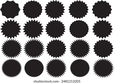 Badge star, sticker starburst shape, sale price tag, sun circle and oval label, black round discount icon isolated on white background. Black vintage banner.