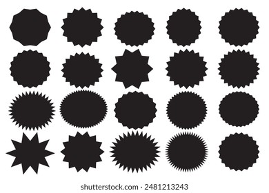 Badge star, sticker starburst shape, sale price tag, sun circle and oval label, black round discount icon isolated on white background. Black vintage banner.