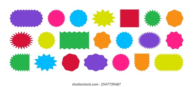 Badge star, sticker starburst shape, sale price tag, colorful sun, circle and oval label, round discount icon isolated on white background. Color vintage banner set. Vector illustration