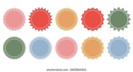 Badge star, sticker starburst shape, sale price tag, colorful sun, circle label, round discount icon isolated on white background