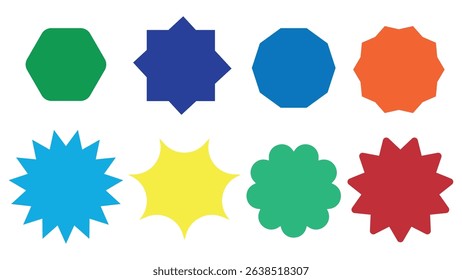 Badge star, sticker starburst shape, sale price tag, colorful round discount icon, starburst promotional badge set, shopping labels, starburst speech bubbles, sun ray frames for design,