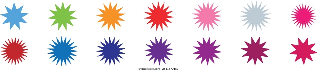 Badge star, sticker starburst shape, sale price tag, colorful sun, circle and oval label, round discount icon isolated on white background. Color vintage banner set. Vector illustration.