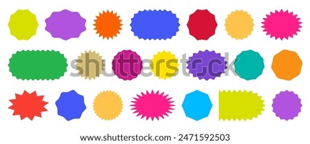 Badge star, sticker starburst shape, sale price tag, colorful sun, circle and oval label, round discount icon isolated on white background. Color vintage banner set. Vector illustration