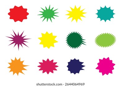Badge starburst shape, sticker colorful star, sale price tag, sun label, discount icon isolated on white background. Color vintage different banner. Simple promotion set. Vector illustration.