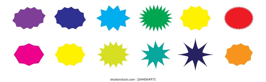 Badge starburst shape, sticker colorful star, sale price tag, sun label, discount icon isolated on white background. Color vintage different banner. Simple promotion set. Vector illustration.