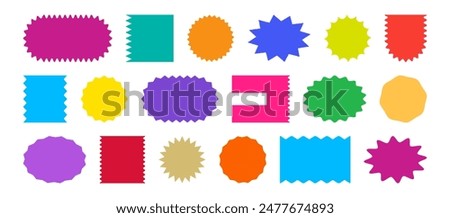 Badge starburst shape, sticker colorful star, sale price tag, sun label, discount icon isolated on white background. Color vintage different banner. Simple promotion set. Vector illustration