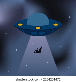 badge, sticker, illustration with flying saucer, UFO and kidnapping human on dark gradient background with stars	