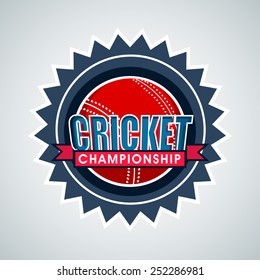 Badge, sticker or label with red ball for Cricket Championship concept on shiny sky blue background.