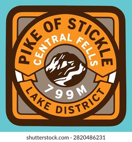 badge, sticker, logo, emblem, vintage, retro, monochromatic, black, white, mountain, peak, summit, fell, fells, lake, district, bowfell, 