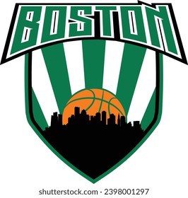 Badge style emblem with downtown Boston Massachusetts city skyline silhouette inside shield with basketball in background and lettering above. Vector eps custom graphic.