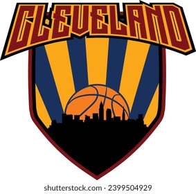 Badge style emblem with downtown Cleveland Ohio skyline silhouette inside shield with basketball in background and lettering above. Vector eps custom graphic.