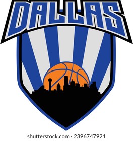 Badge-Stil-Emblem mit Skyline-Silhouette in der Innenstadt von Dallas Texas mit Basketball im Hintergrund und Buchstaben oben. Vektorgrafik für benutzerdefinierte Grafiken.