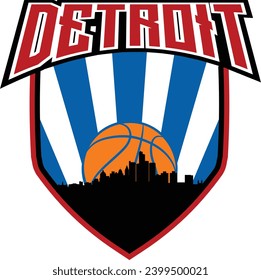 Badge style emblem with downtown Detroit Michigan skyline silhouette inside shield with basketball in background and lettering above. Vector eps custom graphic.