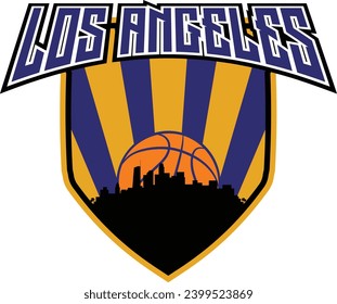 Badge style emblem with downtown Los Angeles California skyline silhouette inside shield with basketball in background and lettering above. Vector eps custom graphic.