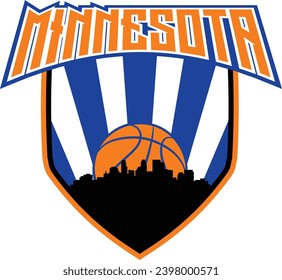Badge style emblem with downtown Minneapolis Minnesota city skyline silhouette inside shield with basketball in background and lettering above. Vector eps custom graphic.