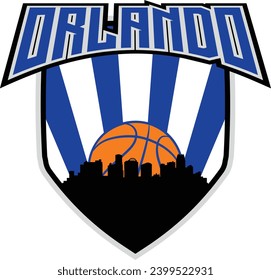 Emblema con estilo de placa con silueta de perfil de Orlando Florida dentro del escudo con baloncesto en segundo plano y letras arriba. El vector cambia el gráfico personalizado.