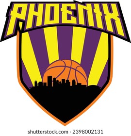 Badge style emblem with downtown Phoenix Arizona city skyline silhouette inside shield with basketball in background and lettering above. Vector eps custom graphic.