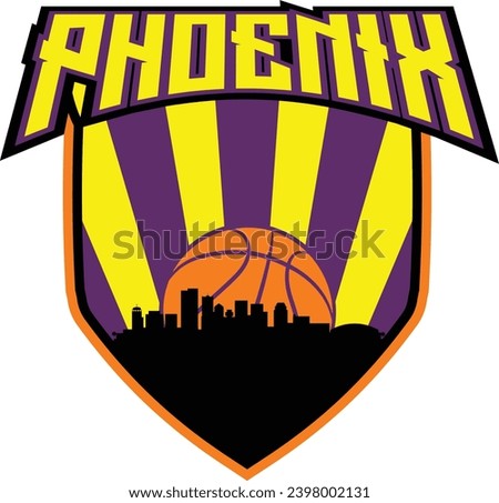 Badge style emblem with downtown Phoenix Arizona city skyline silhouette inside shield with basketball in background and lettering above. Vector eps custom graphic.