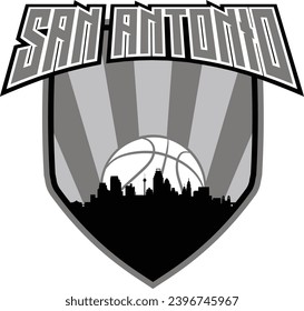 Badge style emblem with downtown San Antonio skyline silhouette inside shield and basketball in background with lettering above. Vector eps custom graphic.