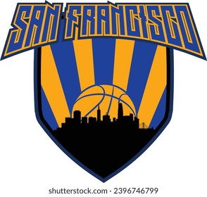 Badge style emblem with downtown San Francisco California skyline silhouette inside shield with basketball in background and lettering above. Vector eps custom graphic.