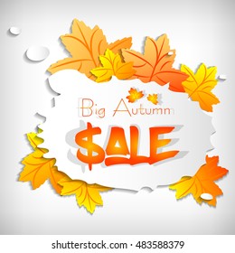 Badge with stylized paper maple leaves and bubble on white background. Big autumn sale card. Vector illustration