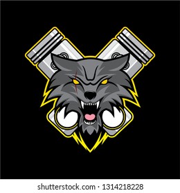 Badge, symbol and logo design template with wolf and piston theme