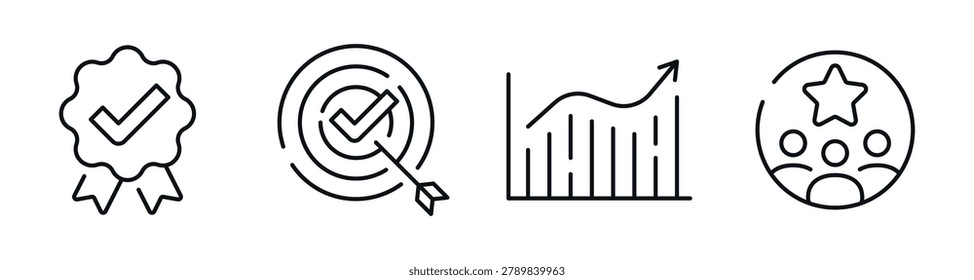 Badge target chart group indicating approval on white background. Editable stroke
