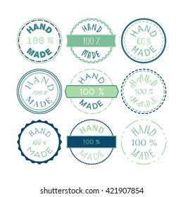 Badge template with 100% handmade product symbol. Vintage sticker with text 100 Percents Hand Made Design Element, Label, Insignia, Tag, Emblem. Vector