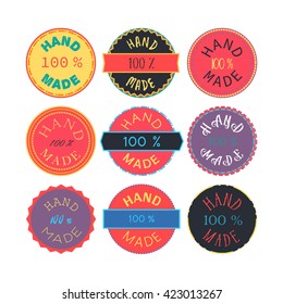 Badge template with 100% handmade product symbol. Vintage sticker with text 100 % hand made. 100 Percents Hand Made Design Element, Label, Insignia, Tag, Emblem. Vector