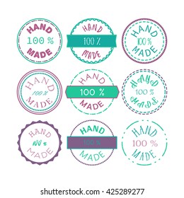 Badge template with 100% handmade product symbol. Vintage sticker with text 100 % hand made. 100 Percents Hand Made Design Element, Label, Insignia, Tag, Emblem. Vector