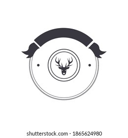 badge template with face reindeer silhouette in frame circular and ribbon decoration, vintage style emblem vector illustration design