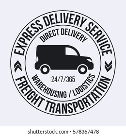 Badge template of fast delivery van. Freight Transportation label, emblem vector illustration.