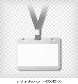 Badge template. Glossy identification card with lanyard. Corporate identity card. Blank mock up with shadow. Vector illustration.