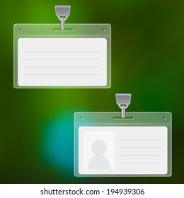 Badge template, name bag holder with lanyard. Transparency identification card. Vector illustration on blurred green background.