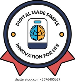 Una insignia que dice que lo digital hizo simple la innovación para la vida. Tiene un cerebro. El cerebro se divide en dos mitades