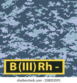 Badge of the third group of blood with a negative Rh on a blue camouflage background. Vector illustration.