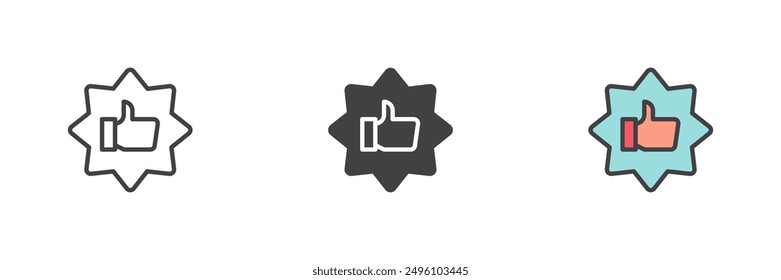 Badge with thumbs up different style icon set. Line, glyph and filled outline colorful version, outline and filled vector sign. Quality approved symbol, logo illustration. Vector graphics